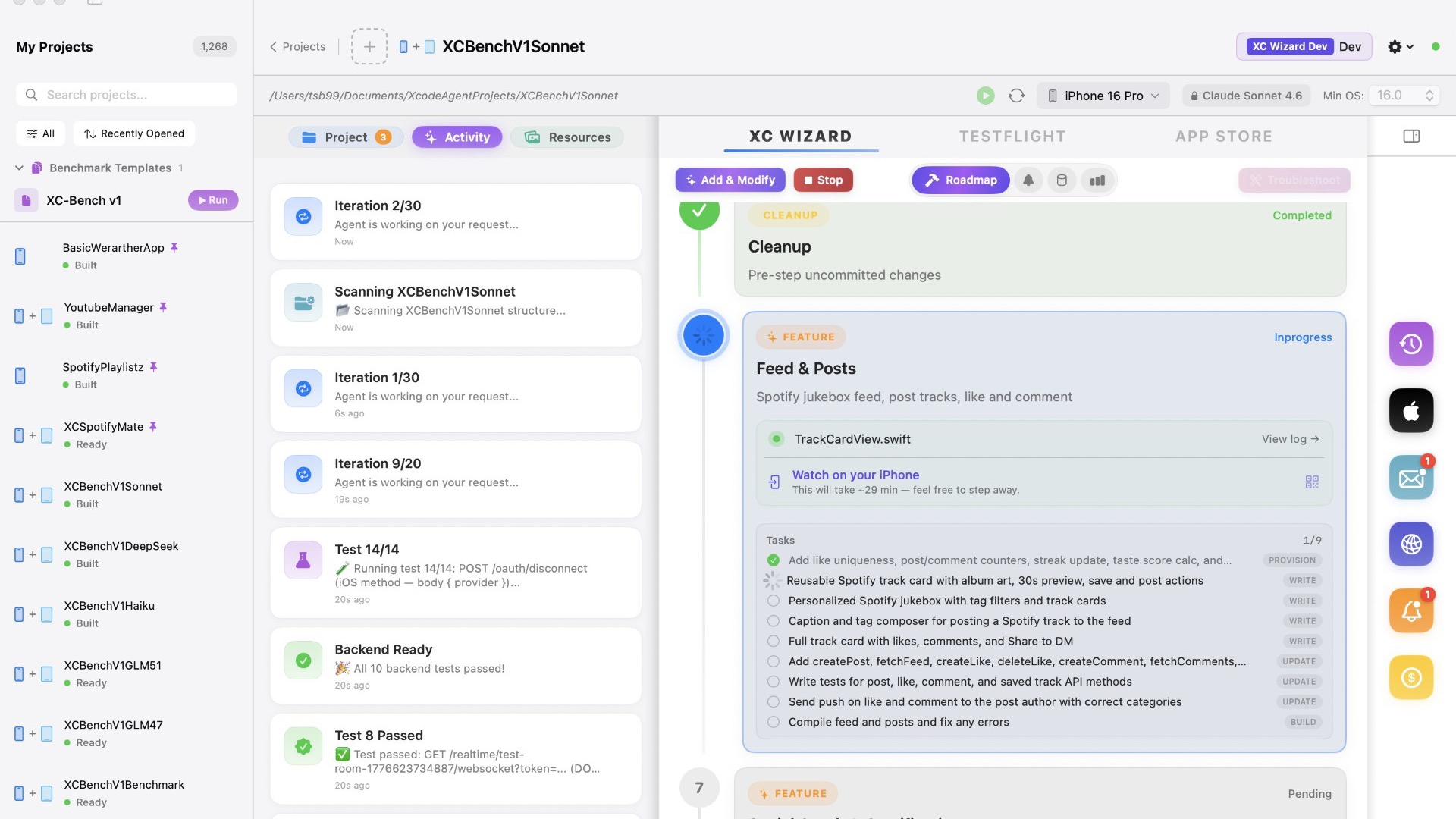 XC Wizard building an app on macOS — live agent activity, roadmap, multi-pane project view