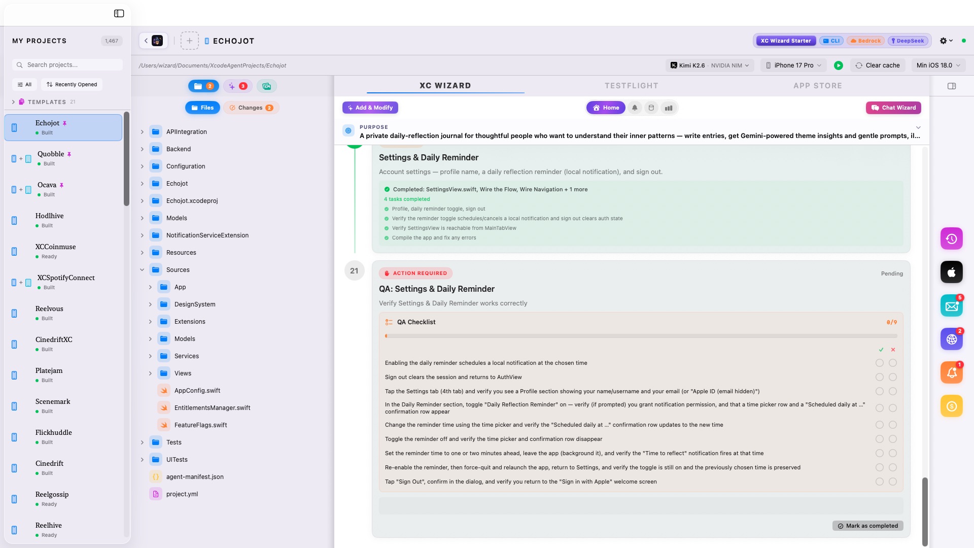 XC Wizard — per-step QA checklist verifying the build against its acceptance criteria