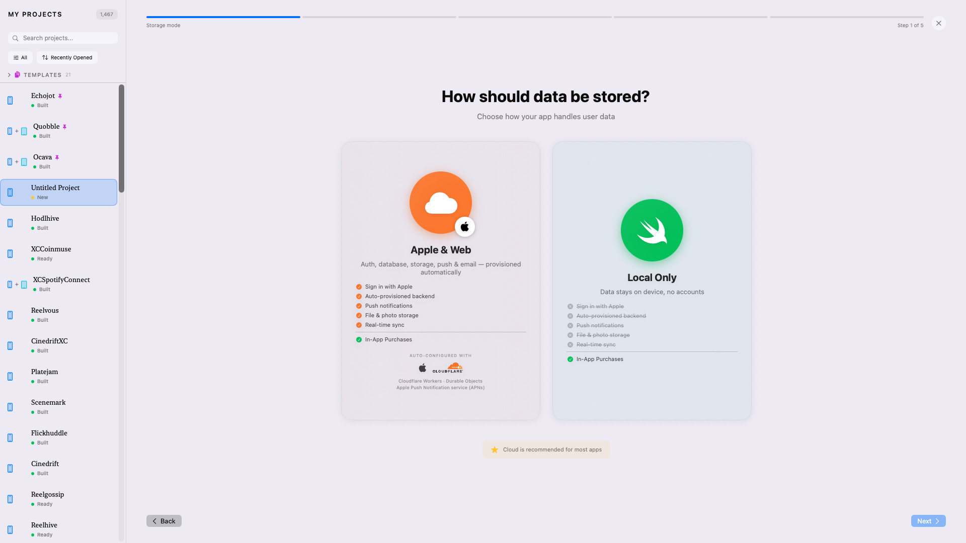 XC Wizard provisioning a backend automatically — Sign in with Apple, Postgres, R2 storage and push notifications wired and tested with zero config